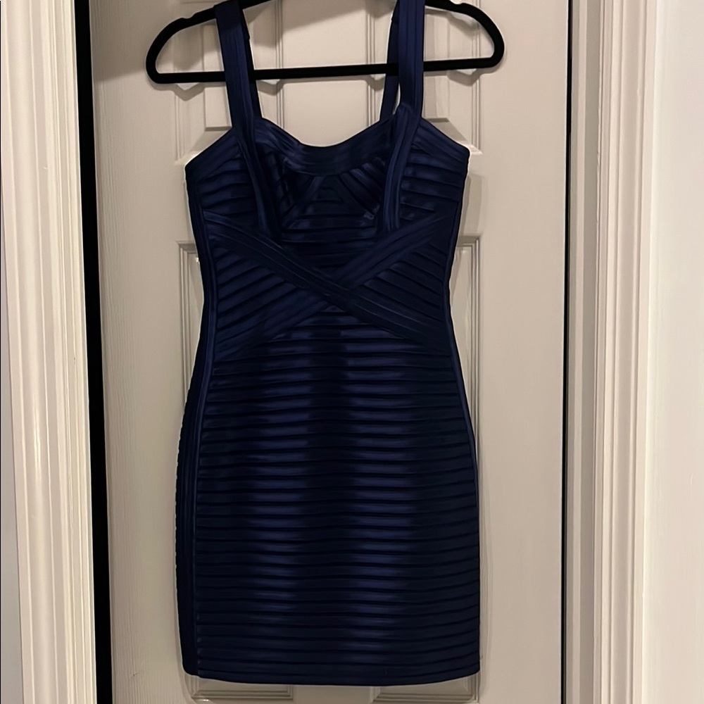 Blue Pleated Ribbed Bodycon Mini Dress